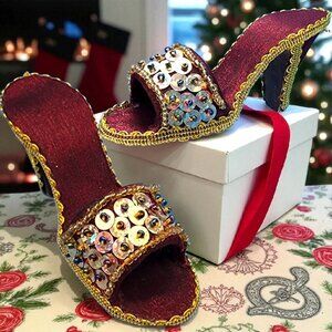 Red Satin Golden Beaded Sequin High Heel Shoe Ornament - Festive Home Decor/Gift